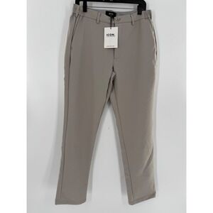 Icon Amsterdam Men 32/30 Taupe Technical Slim Fit Trousers Elastic Waist Beige
